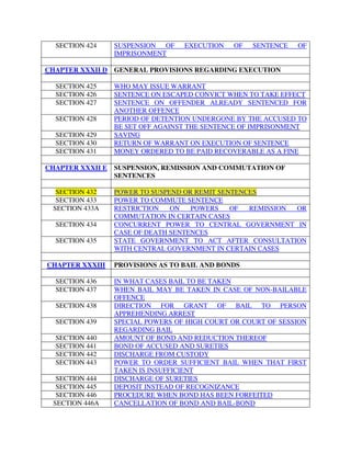 SECTION 424 SUSPENSION OF EXECUTION OF SENTENCE OF
IMPRISONMENT
CHAPTER XXXII D GENERAL PROVISIONS REGARDING EXECUTION
SECTION 425 WHO MAY ISSUE WARRANT
SECTION 426 SENTENCE ON ESCAPED CONVICT WHEN TO TAKE EFFECT
SECTION 427 SENTENCE ON OFFENDER ALREADY SENTENCED FOR
ANOTHER OFFENCE
SECTION 428 PERIOD OF DETENTION UNDERGONE BY THE ACCUSED TO
BE SET OFF AGAINST THE SENTENCE OF IMPRISONMENT
SECTION 429 SAVING
SECTION 430 RETURN OF WARRANT ON EXECUTION OF SENTENCE
SECTION 431 MONEY ORDERED TO BE PAID RECOVERABLE AS A FINE
CHAPTER XXXII E SUSPENSION, REMISSION AND COMMUTATION OF
SENTENCES
SECTION 432 POWER TO SUSPEND OR REMIT SENTENCES
SECTION 433 POWER TO COMMUTE SENTENCE
SECTION 433A RESTRICTION ON POWERS OF REMISSION OR
COMMUTATION IN CERTAIN CASES
SECTION 434 CONCURRENT POWER TO CENTRAL GOVERNMENT IN
CASE OF DEATH SENTENCES
SECTION 435 STATE GOVERNMENT TO ACT AFTER CONSULTATION
WITH CENTRAL GOVERNMENT IN CERTAIN CASES
CHAPTER XXXIII PROVISIONS AS TO BAIL AND BONDS
SECTION 436 IN WHAT CASES BAIL TO BE TAKEN
SECTION 437 WHEN BAIL MAY BE TAKEN IN CASE OF NON-BAILABLE
OFFENCE
SECTION 438 DIRECTION FOR GRANT OF BAIL TO PERSON
APPREHENDING ARREST
SECTION 439 SPECIAL POWERS OF HIGH COURT OR COURT OF SESSION
REGARDING BAIL
SECTION 440 AMOUNT OF BOND AND REDUCTION THEREOF
SECTION 441 BOND OF ACCUSED AND SURETIES
SECTION 442 DISCHARGE FROM CUSTODY
SECTION 443 POWER TO ORDER SUFFICIENT BAIL WHEN THAT FIRST
TAKEN IS INSUFFICIENT
SECTION 444 DISCHARGE OF SURETIES
SECTION 445 DEPOSIT INSTEAD OF RECOGNIZANCE
SECTION 446 PROCEDURE WHEN BOND HAS BEEN FORFEITED
SECTION 446A CANCELLATION OF BOND AND BAIL-BOND
 