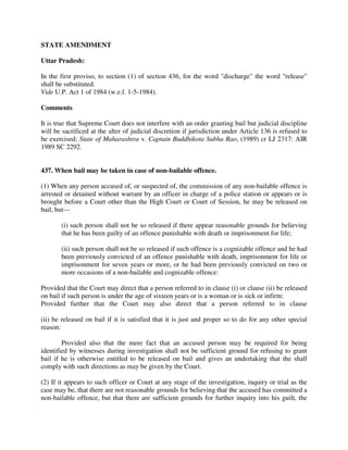 STATE AMENDMENT
Uttar Pradesh:
In the first proviso, to section (1) of section 436, for the word "discharge" the word "release"
shall be substituted.
Vide U.P. Act 1 of 1984 (w.e.f. 1-5-1984).
Comments
It is true that Supreme Court does not interfere with an order granting bail but judicial discipline
will be sacrificed at the alter of judicial discretion if jurisdiction under Article 136 is refused to
be exercised; State of Maharashtra v. Captain Buddhikota Subha Rao, (1989) cr LJ 2317: AIR
1989 SC 2292.
437. When bail may be taken in case of non-bailable offence.
(1) When any person accused of, or suspected of, the commission of any non-bailable offence is
arrested or detained without warrant by an officer in charge of a police station or appears or is
brought before a Court other than the High Court or Court of Session, he may be released on
bail, but—
(i) such person shall not be so released if there appear reasonable grounds for believing
that he has been guilty of an offence punishable with death or imprisonment for life;
(ii) such person shall not be so released if such offence is a cognizable offence and he had
been previously convicted of an offence punishable with death, imprisonment for life or
imprisonment for seven years or more, or he had been previously convicted on two or
more occasions of a non-bailable and cognizable offence:
Provided that the Court may direct that a person referred to in clause (i) or clause (ii) be released
on bail if such person is under the age of sixteen years or is a woman or is sick or infirm:
Provided further that the Court may also direct that a person referred to in clause
(ii) be released on bail if it is satisfied that it is just and proper so to do for any other special
reason:
Provided also that the mere fact that an accused person may be required for being
identified by witnesses during investigation shall not be sufficient ground for refusing to grant
bail if he is otherwise entitled to be released on bail and gives an undertaking that the shall
comply with such directions as may be given by the Court.
(2) If it appears to such officer or Court at any stage of the investigation, inquiry or trial as the
case may be, that there are not reasonable grounds for believing that the accused has committed a
non-bailable offence, but that there are sufficient grounds for further inquiry into his guilt, the
 