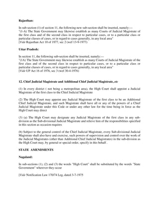 Rajasthan:
In sub-section (1) of section 11, the following new sub-section shall be inserted, namely:—
"(1-A) The State Government may likewise establish as many Courts of Judicial Magistrate of
the first class and of the second class in respect to particular cases, or to a particular class or
particular classes of cases, or in regard to cases generally, in any local area"
[Vide Rajasthan Act 10 of 1977, sec 2 (wef 13-9-1977)
Uttar Pradesh:
In section 11, the following sub-section shall be inserted, namely:—
"(1A) The State Government may likewise establish as many Courts of Judicial Magistrate of the
first class and of the second class in respect to particular cases, or to a particular class or
particular classes of cases, or in regard to cases generally, in any local area"
[Vide UP Act 16 of 1976, sec 3 (wef 30-4-1976)
12. Chief Judicial Magistrate and Additional Chief Judicial Magistrate, etc
(1) In every district ( not being a metropolitan area), the High Court shall appoint a Judicial
Magistrate of the first class to the Chief Judicial Magistrate
(2) The High Court may appoint any Judicial Magistrate of the first class to be an Additional
Chief Judicial Magistrate, and such Magistrate shall have all or any of the powers of a Chief
Judicial Magistrate under this Code or under any other law for the time being in force as the
High Court may direct
(3) (a) The High Court may designate any Judicial Magistrate of the first class in any sub-
division as the Sub-divisional Judicial Magistrate and relieve him of the responsibilities specified
in this section as occasion requires
(b) Subject to the general control of the Chief Judicial Magistrate, every Sub-divisional Judicial
Magistrate shall also have and exercise, such powers of supervision and control over the work of
the Judicial Magistrates (other than Additional Chief Judicial Magistrates) in the sub-division as
the High Court may, by general or special order, specify in this behalf .
STATE AMENDMENTS
Nagaland:
In sub-sections (1), (2) and (3) the words "High Court" shall be substituted by the words "State
Government" wherever they occur
[Vide Notification Law 170/74 Leg, dated 3-7-1975
 