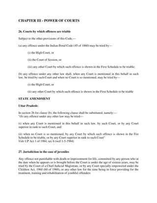 CHAPTER III - POWER OF COURTS
26. Courts by which offences are triable
Subject to the other provisions of this Code,—
(a) any offence under the Indian Penal Code (45 of 1860) may be tried by—
(i) the High Court, or
(ii) the Court of Session, or
(iii) any other Court by which such offence is shown in the First Schedule to be triable;
(b) any offence under any other law shall, when any Court is mentioned in this behalf in such
law, be tried by such Court and when no Court is so mentioned, may be tried by—
(i) the High Court, or
(ii) any other Court by which such offence is shown in the First Schedule to be triable
STATE AMENDMENT
Uttar Pradesh:
In section 26 for clause (b), the following clause shall be substituted, namely:—
"(b) any offence under any other law may be tried—
(i) when any Court is mentioned in this behalf in such law, by such Court, or by any Court
superior in rank to such Court, and
(ii) when no Court is so mentioned, by any Court by which such offence is shown in the Fist
Schedule to be triable, or by any Court superior in rank to such Court"
Vide UP Act 1 of 1984, sec 6 (wef 1-5-1984)
27. Jurisdiction in the case of juveniles
Any offence not punishable with death or imprisonment for life, committed by any person who at
the date when he appears or is brought before the Court is under the age of sixteen years, may be
tried by the Court of a Chief Judicial Magistrate, or by any Court specially empowered under the
Children Act, 1960 (60 of 1960), or any other law for the time being in force providing for the
treatment, training and rehabilitation of youthful offenders
 