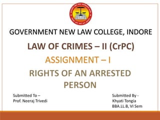 GOVERNMENT NEW LAW COLLEGE, INDORE
ASSIGNMENT – I
Submitted To – Submitted By -
Prof. Neeraj Trivedi Khyati Tongia
BBA.LL.B, VI Sem
 