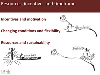 Resources, incentives and timeframe
Incentives and motivation
Changing conditions and flexibility
Resources and sustainabi...