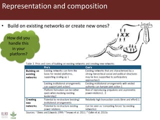 Representation and composition
• Build on existing networks or create new ones?
How did you
handle this
in your
platform?
 