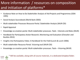 More information / resources on composition
and initiation of platforms*
• Guidance Note on How to Do Stakeholder Analysis of Aid Projects and Programmes (ODA
1995)
• Social Analysis Sourcebook (World Bank 2003)
• Multi-stakeholder Processes Resource Portal. Stakeholder Analysis (WUR CDI)
• Rapid Appraisal
• Knowledge co-creation portal. Multi-stakeholder processes. Tools - Interests and Roles (WUR)
• Handbook for Participatory Action Research, Monitoring and Evaluation (Chevalier and
Buckles 2013)
• Insights into Participatory Video: A Handbook for the Field (Lunch & Lunch 2006)
• Multi-stakeholder Resource Portal. Visioning tool (WUR CDI)
• Knowledge co-creation portal. Multi-stakeholder processes. Tools – Visioning (WUR)
* Will be available, along with all course materials, in a dedicated dropbox folder.
 