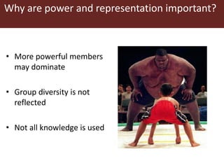 Why are power and representation important?
• More powerful members
may dominate
• Group diversity is not
reflected
• Not all knowledge is used
 