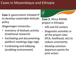 Cases in Mozambique and Ethiopia
Case 1: government initiated IP
to develop sustainable biofuels
policy
Wageningen University: -
• inventory of biofuels activity
(traditional research)
• Facilitating and documenting
platform meetings (kge mgt)
• Fundraising and lobbying
(enabling environment)
Case 2: Africa RISING
project in Ethiopia
- ILRI and CG centers
- Diagnostic activities in
all the project sites
(PCA, livelihood, etc) to
reduce uncertainty
- Develop common
departure points for
joint action
 