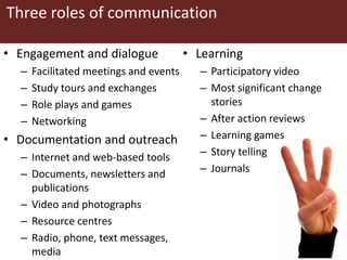 Three roles of communication
• Engagement and dialogue
– Facilitated meetings and events
– Study tours and exchanges
– Role plays and games
– Networking
• Documentation and outreach
– Internet and web-based tools
– Documents, newsletters and
publications
– Video and photographs
– Resource centres
– Radio, phone, text messages,
media
• Learning
– Participatory video
– Most significant change
stories
– After action reviews
– Learning games
– Story telling
– Journals
 
