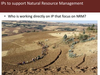 IPs to support Natural Resource Management
• Who is working directly on IP that focus on NRM?
 