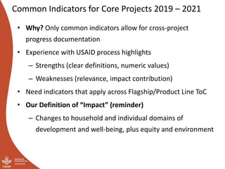 Appropriate indicators for monitoring and evaluation: Initial ideas for design and implementation of the integrated core projects