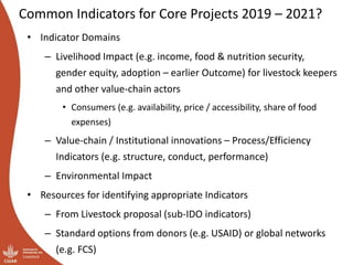 Appropriate indicators for monitoring and evaluation: Initial ideas for design and implementation of the integrated core projects