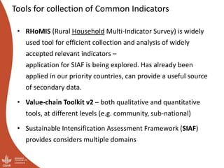 Appropriate indicators for monitoring and evaluation: Initial ideas for design and implementation of the integrated core projects