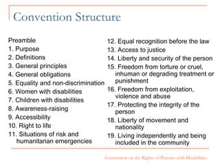 Convention Structure Preamble 1.  Purpose 2. Definitions 3. General principles 4. General obligations 5. Equality and non-discrimination 6. Women with disabilities 7. Children with disabilities 8.  Awareness-raising 9. Accessibility 10. Right to life  11. Situations of risk and humanitarian emergencies 12. Equal recognition before the law 13. Access to justice 14. Liberty and security of the person 15. Freedom from torture or cruel, inhuman or   degrading treatment or punishment 16. Freedom from exploitation, violence and abuse 17. Protecting the integrity of the person 18. Liberty of movement and nationality 19. Living  independently and being included in the community 