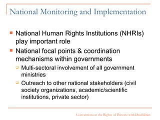 National Monitoring and Implementation National Human Rights Institutions (NHRIs) play important role National focal points & coordination mechanisms within governments Multi-sectoral involvement of all government ministries Outreach to other national stakeholders (civil society organizations, academic/scientific institutions, private sector) 