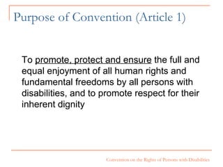 Purpose of Convention (Article 1) To  promote, protect and ensure  the full and equal enjoyment of all human rights and fundamental freedoms by all persons with disabilities, and to promote respect for their inherent dignity 