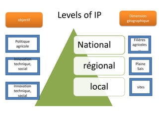 Levels of IP 
National 
régional 
local 
Filières 
agricoles 
… 
Plaine 
Sais 
Politique 
agricole 
Innovation 
technique, 
social 
Innovation sites 
technique, 
social 
Dimension 
objectif géographique 
 