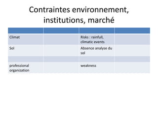 Contraintes environnement, 
institutions, marché 
Climat Risks : rainfull, 
climatic events 
Sol Absence analyse du 
sol 
professional 
organization 
weakness 
 