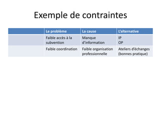 Exemple de contraintes 
Le problème La cause L’alternative 
Faible accès à la 
Manque 
IP 
subvention 
d’information 
OP 
Faible coordination Faible organisation 
professionnelle 
Ateliers d’échanges 
(bonnes pratique) 
 