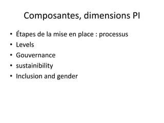 Composantes, dimensions PI 
• Étapes de la mise en place : processus 
• Levels 
• Gouvernance 
• sustainibility 
• Inclusion and gender 
 