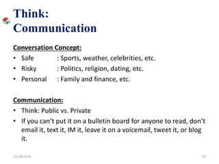 Think:
Communication
Conversation Concept:
• Safe : Sports, weather, celebrities, etc.
• Risky : Politics, religion, dating, etc.
• Personal : Family and finance, etc.
Communication:
• Think: Public vs. Private
• If you can’t put it on a bulletin board for anyone to read, don’t
email it, text it, IM it, leave it on a voicemail, tweet it, or blog
it.
11/18/2018 55
 