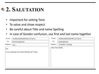 2. SALUTATION
• Important for setting Tone
• To value and show respect
• Be careful about Title and name Spelling
• In case of Gender confusion, use first and last name together
 