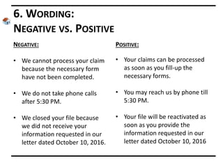 6. WORDING:
NEGATIVE VS. POSITIVE
NEGATIVE:
• We cannot process your claim
because the necessary form
have not been completed.
• We do not take phone calls
after 5:30 PM.
• We closed your file because
we did not receive your
information requested in our
letter dated October 10, 2016.
POSITIVE:
• Your claims can be processed
as soon as you fill-up the
necessary forms.
• You may reach us by phone till
5:30 PM.
• Your file will be reactivated as
soon as you provide the
information requested in our
letter dated October 10, 2016
 