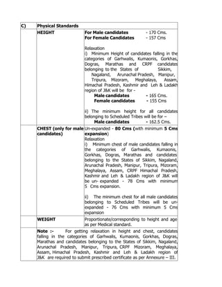 C)   Physical Standards
     HEIGHT                  For Male candidates            - 170 Cms.
                             For Female Candidates          - 157 Cms

                             Relaxation
                             i) Minimum Height of candidates falling in the
                             categories of Garhwalis, Kumaonis, Gorkhas,
                             Dogras, Marathas and CRPF candidates
                             belonging to the States of             Sikkim,
                                 Nagaland, Arunachal Pradesh, Manipur,
                                 Tripura, Mizoram,       Meghalaya,    Assam,
                             Himachal Pradesh, Kashmir and Leh & Ladakh
                             region of J&K will be for -
                                  Male candidates            - 165 Cms.
                                  Female candidates          - 155 Cms

                          ii) The minimum height for all candidates
                          belonging to Scheduled Tribes will be for –
                               Male candidates           - 162.5 Cms.
                               Female candidates         - 150 Cms
     CHEST (only for male Un-expanded - 80 Cms (with minimum 5 Cms
     candidates)          expansion)
                          Relaxation
                          i) Minimum chest of male candidates falling in
                          the categories of Garhwalis, Kumaonis,
                          Gorkhas, Dogras, Marathas and candidates
                          belonging to the States of Sikkim, Nagaland,
                          Arunachal Pradesh, Manipur, Tripura, Mizoram,
                          Meghalaya, Assam, CRPF Himachal Pradesh,
                          Kashmir and Leh & Ladakh region of J&K will
                          be un- expanded - 78 Cms with minimum
                          5 Cms expansion.

                             ii) The minimum chest for all male candidates
                             belonging to Scheduled Tribes will be un-
                             expanded - 76 Cms with minimum 5 Cms
                             expansion
     WEIGHT                  Proportionate/corresponding to height and age
                             as per Medical standard.
     Note :-       For getting relaxation in height and chest, candidates
     falling in the categories of Garhwalis, Kumaonis, Gorkhas, Dogras,
     Marathas and candidates belonging to the States of Sikkim, Nagaland,
     Arunachal Pradesh, Manipur, Tripura, CRPF Mizoram, Meghalaya,
     Assam, Himachal Pradesh, Kashmir and Leh & Ladakh region of
     J&K are required to submit prescribed certificate as per Annexure – III.
 