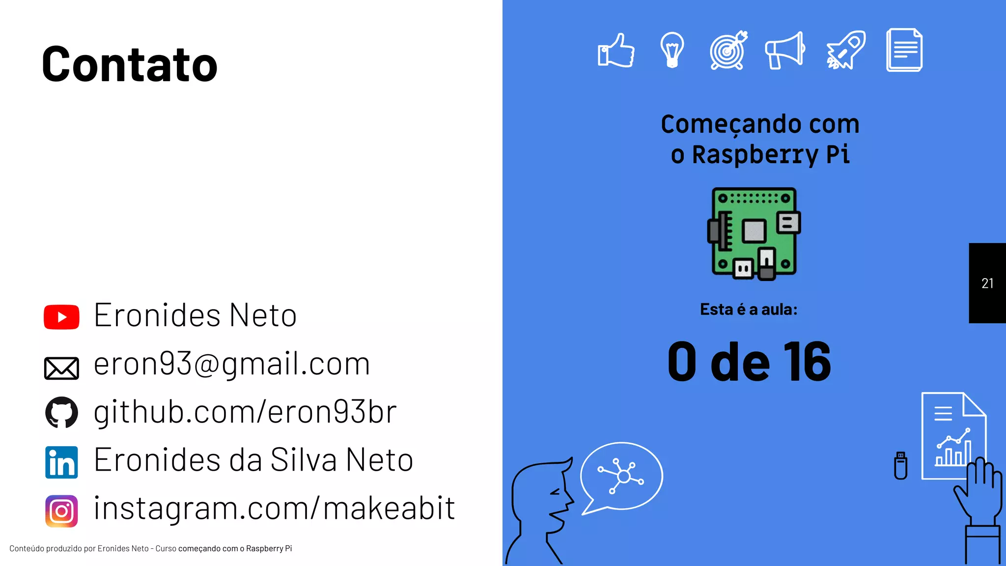 Conteúdo produzido por Eronides Neto - Curso começando com o Raspberry PiConteúdo produzido por Eronides Neto - Curso começando com o Raspberry Pi
Contato
Eronides Neto
eron93@gmail.com
github.com/eron93br
Eronides da Silva Neto
instagram.com/makeabit
21
Esta é a aula:
0 de 16
Começando com
o Raspberry Pi
 