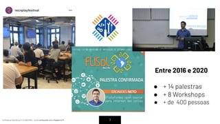 Conteúdo produzido por Eronides Neto - Curso começando com o Raspberry PiConteúdo produzido por Eronides Neto - Curso começando com o Raspberry Pi 7
Entre 2016 e 2020
● + 14 palestras
● + 8 Workshops
● + de 400 pessoas
 