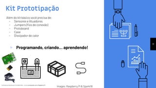 Conteúdo produzido por Eronides Neto - Curso começando com o Raspberry PiConteúdo produzido por Eronides Neto - Curso começando com o Raspberry Pi
Kit Prototipação
▹ Programando, criando… aprendendo!
13
Images: Raspberry Pi & Sparkl18
Além do kit básico você precisa de:
- Sensores e Atuadores
- Jumpers (ﬁos de conexão)
- Protoboard
- Case
- Dissipador de calor
 