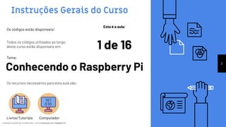 Conteúdo produzido por Eronides Neto - Curso começando com o Raspberry PiConteúdo produzido por Eronides Neto - Curso começando com o Raspberry Pi
Instruções Gerais do Curso
Esta é a aula:
1 de 16
Os códigos estão disponíveis!
Todos os códigos utilizados ao longo
deste curso estão disponíveis em:
2
Conhecendo o Raspberry Pi
Tema:
Os recursos necessários para esta aula são:
Livros/Tutoriais Computador
 