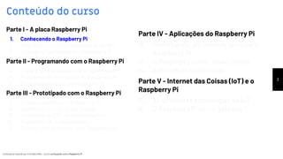 Conteúdo produzido por Eronides Neto - Curso começando com o Raspberry PiConteúdo produzido por Eronides Neto - Curso começando com o Raspberry Pi
Conteúdo do curso
3
Parte I - A placa Raspberry Pi
1. Conhecendo o Raspberry Pi
2. RaspBian: o sistema operacional do RPi
3. Ligando e Conﬁgurando o Raspberry Pi
Parte II - Programando com o Raspberry Pi
4. O que é uma linguagem de programação?
5. Programando em Python no Raspberry Pi
6. Programando em C no Raspberry Pi
Parte III - Prototipado com o Raspberry Pi
7. O mundo externo e o Raspberry Pi
8. Interfaces de E/S: sinais digitais
9. Interfaces de E/S: sinais analógicos
10. Protocolos de comunicação
11. Criando meu protótipo com Raspberry Pi
Parte IV - Aplicações do Raspberry Pi
12. Construindo um console retrô com
Raspberry Pi
13. O Raspberry como media center
14. Automação residencial
Parte V - Internet das Coisas (IoT) e o
Raspberry Pi
15. As diferentes tecnologias da IoT
16. O Raspberry Pi como gateway
 