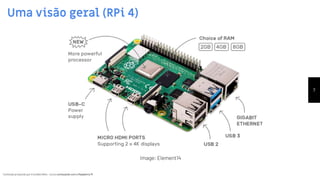 Conteúdo produzido por Eronides Neto - Curso começando com o Raspberry PiConteúdo produzido por Eronides Neto - Curso começando com o Raspberry Pi
Uma visão geral (RPi 4)
7
Image: Element14
 