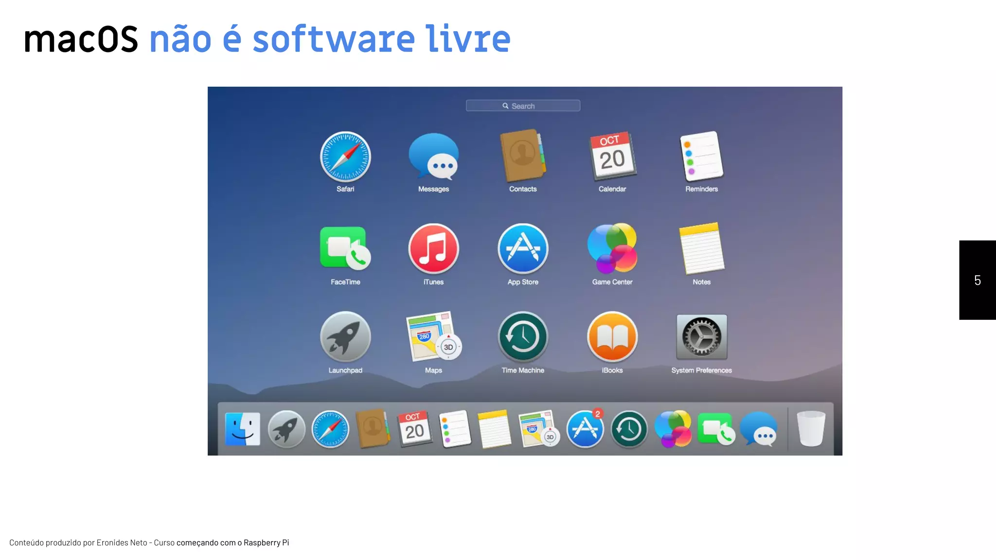 Conteúdo produzido por Eronides Neto - Curso começando com o Raspberry PiConteúdo produzido por Eronides Neto - Curso começando com o Raspberry Pi
macOS não é software livre
5
 