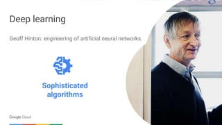 Confidential & ProprietaryGoogle Cloud Platform 72
Deep learning
Geoff Hinton: engineering of artificial neural networks.
...