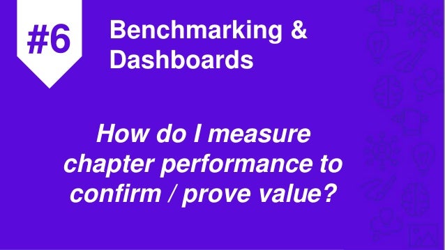 #6 Benchmarking &
Dashboards
How do I measure
chapter performance to
confirm / prove value?
 