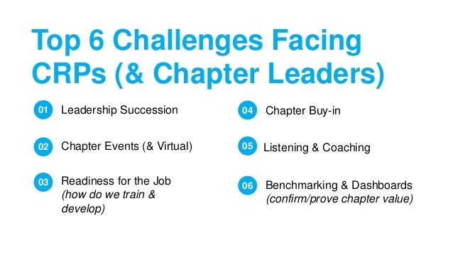 Leadership Succession
02
Readiness for the Job
(how do we train &
develop)
03
Listening & Coaching
04 Chapter Buy-in
Top 6 Challenges Facing
CRPs (& Chapter Leaders)
05
Chapter Events (& Virtual)
06 Benchmarking & Dashboards
(confirm/prove chapter value)
01
 