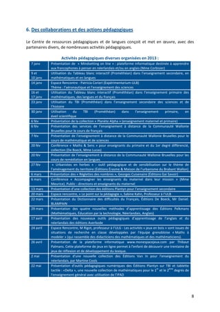 8
6. Des collaborations et des actions pédagogiques
Le Centre de ressources pédagogiques et de langues conçoit et met en œuvre, avec des
partenaires divers, de nombreuses activités pédagogiques.
Activités pédagogiques diverses organisées en 2013 :
7 janv Présentation de « Mindsetting on line » : plateforme informatique destinée à apprendre
aux francophones à penser en néerlandais et/ou en anglais (Mme Corbisier)
9 et
10 janv
Utilisation du Tableau blanc interactif (Prométhéan) dans l’enseignement secondaire, en
mathématiques et en langues
14 janv Espace Rencontre - Patricia Corieri (Expérimentarium-ULB)
Thème : l’aéronautique et l’enseignement des sciences
16 et
17 janv
Utilisation du Tableau blanc interactif (Prométhéan) dans l’enseignement primaire des
mathématiques, des langues et du français
23 janv Utilisation du TBI (Prométhéan) dans l’enseignement secondaire des sciences et de
l’histoire
30 janv Utilisation du TBI (Prométhéan) dans l’enseignement primaire, en
éveil scientifique
6 fév Présentation de la collection « Planète Alpha » (enseignement maternel et primaire)
6 fév Présentation des services de l’enseignement à distance de la Communauté Wallonie
Bruxelles pour le cours de français
7 fév Présentation de l’enseignement à distance de la Communauté Wallonie Bruxelles pour le
cours de mathématique et de sciences
20 fév Conférence « Maths & Sens » pour enseignants du primaire et du 1er degré différencié,
collection (De Boeck, Mme Lucas)
20 fév Présentation de l’enseignement à distance de la Communauté Wallonie Bruxelles pour les
cours de remédiation en langues
27 fév « Urbanistes en herbes » : outil pédagogique et de sensibilisation sur le thème de
l’aménagement du territoire (Éditions Érasme & Maison de l’urbanisme du Brabant Wallon)
6 mars Présentation des « Réglettes des nombres », Georges Cuisenaire (Éditions Gai Savoir)
6 mars Conférence « Accompagner les enseignants du maternel dans leur mission » (Mme
Meurice). Public : directions et enseignants du maternel
13 mars Présentation d’une collection des éditions Plantyn pour l’enseignement secondaire
20 mars Espace rencontre, « Le point sur la pédagogie », Sabine Kahn, Professeur à l’ULB
22 mars Présentation du Dictionnaire des difficultés du Français, Éditions De Boeck, Mr Daniel.
BLAMPAIN
29 mars Présentation des quatre nouvelles méthodes d’apprentissage des Éditions Pelkmans
(Mathématiques, Éducation par la technologie, Néerlandais, Anglais)
17 avril Présentation des nouveaux outils pédagogiques d’apprentissage de l’anglais et du
néerlandais des éditions Averbode
24 avril Espace Rencontre, M Rigot, professeur à l’ULG - Les activités « jeux en bois » sont issues de
situations de recherche en classe développées par l'équipe grenobloise « Maths à
modeler » (qui rassemble des didacticiens des mathématiques et des mathématiciens).
26 avril Présentation de la plateforme informatique www.monespacejeux.com par Thibaut
Palmans. Cette plateforme de jeux en ligne permet à l'enfant de découvrir une trentaine de
jeux de réflexion et de développement du lexique.
2 mai Présentation d'une nouvelle collection des Éditions Van In pour l'enseignement du
néerlandais, par Martine Cools
22 mai Présentation d'outils pédagogiques numériques des Éditions Plantyn sur TBI et tablette
tactile : «Delta », une nouvelle collection de mathématiques pour le 1
er
et le 2
ème
degrés de
l'enseignement général avec utilisation de l'iPAD
 