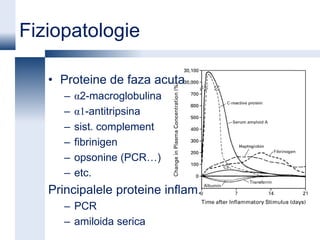 Fiziopatologie

   • Proteine de faza acuta
      –   α2-macroglobulina
      –   α1-antitripsina
      –   sist. complement
      –   fibrinigen
      –   opsonine (PCR…)
      –   etc.
   Principalele proteine inflam.
      – PCR
      – amiloida serica
 