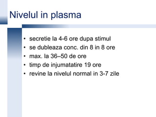 Nivelul in plasma

   •   secretie la 4-6 ore dupa stimul
   •   se dubleaza conc. din 8 in 8 ore
   •   max. la 36–50 de ore
   •   timp de injumatatire 19 ore
   •   revine la nivelul normal in 3-7 zile
 