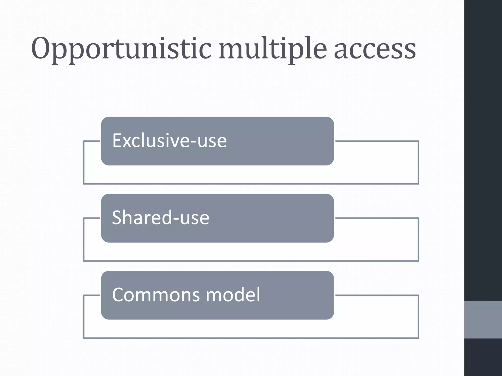 Opportunistic multiple access
Exclusive-use
Shared-use
Commons model
 