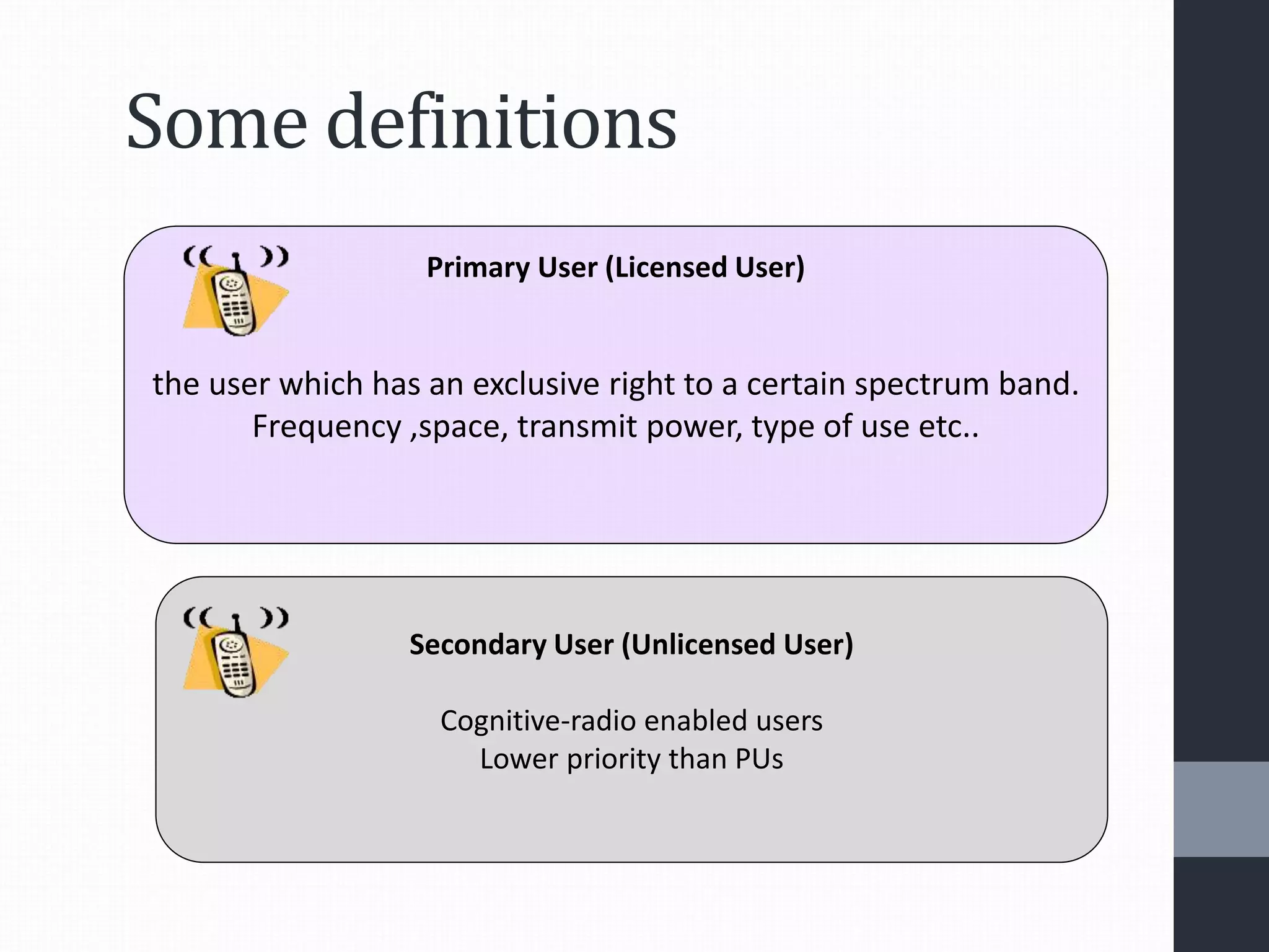 Some definitions
Primary User (Licensed User)
the user which has an exclusive right to a certain spectrum band.
Frequency ,space, transmit power, type of use etc..
Secondary User (Unlicensed User)
Cognitive-radio enabled users
Lower priority than PUs
 