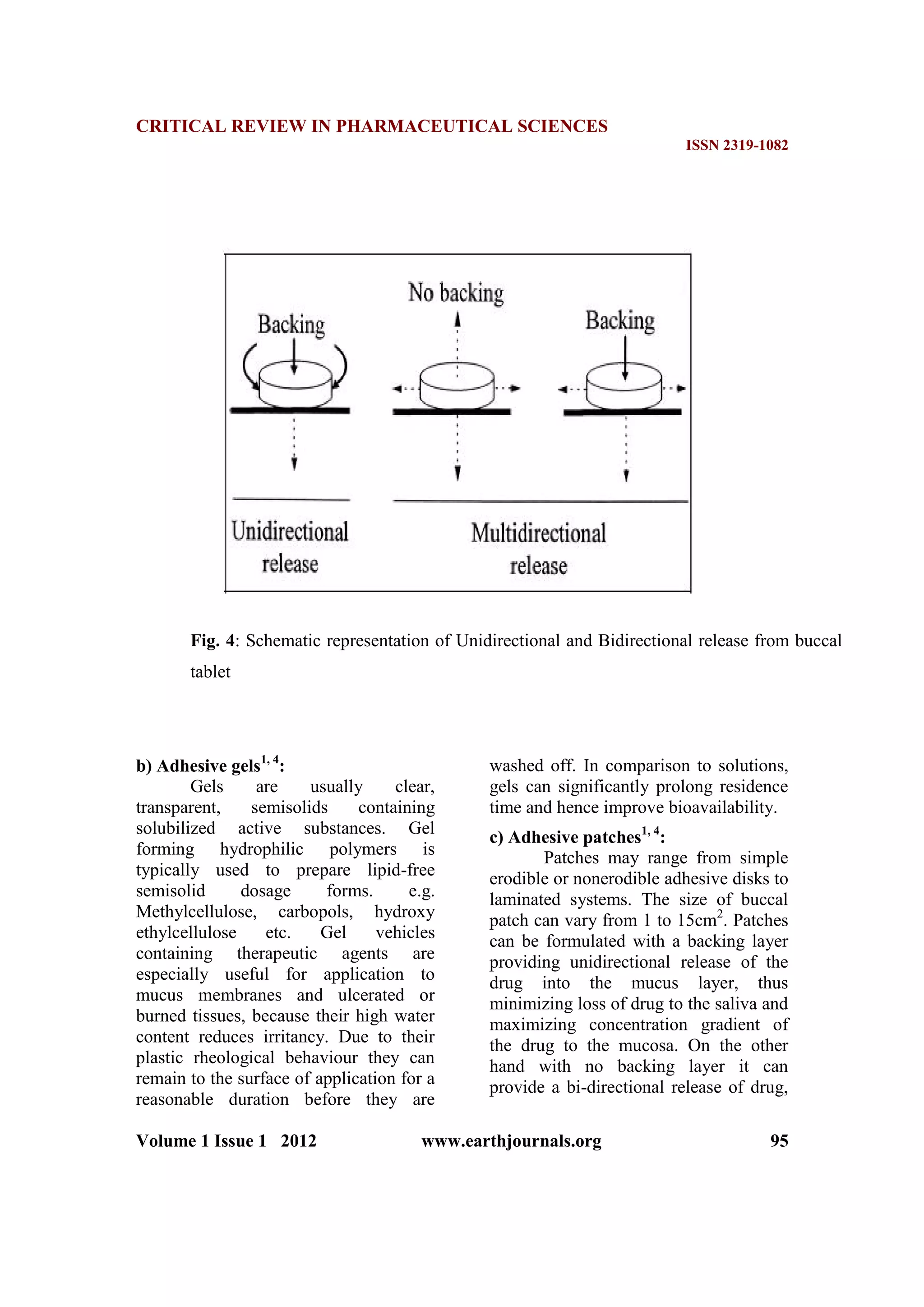 CRITICAL REVIEW IN PHARMACEUTICAL SCIENCES
ISSN 2319-1082
Volume 1 Issue 1 2012 www.earthjournals.org 95
Fig. 4: Schematic representation of Unidirectional and Bidirectional release from buccal
tablet
b) Adhesive gels1, 4
:
Gels are usually clear,
transparent, semisolids containing
solubilized active substances. Gel
forming hydrophilic polymers is
typically used to prepare lipid-free
semisolid dosage forms. e.g.
Methylcellulose, carbopols, hydroxy
ethylcellulose etc. Gel vehicles
containing therapeutic agents are
especially useful for application to
mucus membranes and ulcerated or
burned tissues, because their high water
content reduces irritancy. Due to their
plastic rheological behaviour they can
remain to the surface of application for a
reasonable duration before they are
washed off. In comparison to solutions,
gels can significantly prolong residence
time and hence improve bioavailability.
c) Adhesive patches1, 4
:
Patches may range from simple
erodible or nonerodible adhesive disks to
laminated systems. The size of buccal
patch can vary from 1 to 15cm2
. Patches
can be formulated with a backing layer
providing unidirectional release of the
drug into the mucus layer, thus
minimizing loss of drug to the saliva and
maximizing concentration gradient of
the drug to the mucosa. On the other
hand with no backing layer it can
provide a bi-directional release of drug,
 
