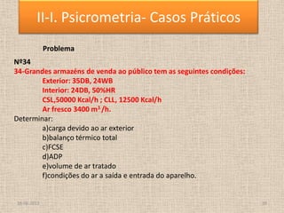 18-06-2013 39
II-I. Psicrometria- Casos Práticos
Problema
Nº34
34-Grandes armazéns de venda ao público tem as seguintes condições:
Exterior: 35DB, 24WB
Interior: 24DB, 50%HR
CSL,50000 Kcal/h ; CLL, 12500 Kcal/h
Ar fresco 3400 m3 /h.
Determinar:
a)carga devido ao ar exterior
b)balanço térmico total
c)FCSE
d)ADP
e)volume de ar tratado
f)condições do ar a saída e entrada do aparelho.
 