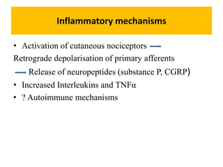Inflammatory mechanisms
• Activation of cutaneous nociceptors
Retrograde depolarisation of primary afferents
Release of ne...