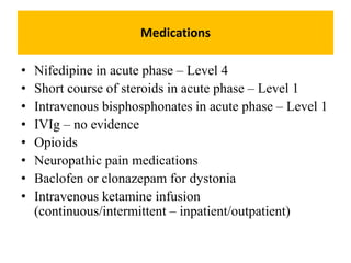 Medications
• Nifedipine in acute phase – Level 4
• Short course of steroids in acute phase – Level 1
• Intravenous bispho...