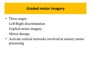 Graded motor imagery
• Three stages
Left/Right discrimination
Explicit motor imagery
Mirror therapy
• Activate cortical ne...