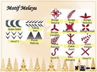 Motif Melayu
Bunga
Tanjung
Pucuk
Rebung
Bunga
Kedudut
Huruf X
Pucuk
Rebung
Susur
Kelapa
Bunga
Cakar
Ayam
Bunga Pecah
4
BungaLawan
g
Bunga
Cengkih
Siku
Keluang
Huruf S
Bunga
Padi
Huruf V
Tulang
Ikan
Bulan Sabit
 