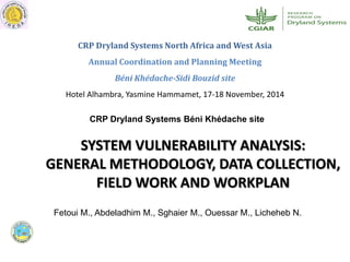 SYSTEM VULNERABILITY ANALYSIS:
GENERAL METHODOLOGY, DATA COLLECTION,
FIELD WORK AND WORKPLAN
CRP Dryland Systems Béni Khédache site
CRP Dryland Systems North Africa and West Asia
Annual Coordination and Planning Meeting
Béni Khédache-Sidi Bouzid site
Hotel Alhambra, Yasmine Hammamet, 17-18 November, 2014
Fetoui M., Abdeladhim M., Sghaier M., Ouessar M., Licheheb N.
 