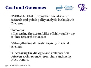 Goal and Outcomes OVERALL GOAL: Strengthen social science research and public policy analysis in the South Caucasus. Outcomes: Increasing the accessibility of high-quality up-to-date research resources Strengthening domestic capacity in social sciences  Increasing the dialogue and collaboration between social science researchers and policy practitioners. 3 | CRRC-Armenia, March 2010 