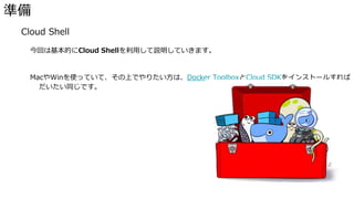 準備
� Cloud Shell
今回は基本的にCloud Shellを利用して説明していきます。
MacやWinを使っていて、その上でやりたい方は、Docker ToolboxとCloud SDKをインストールすれば
だいたい同じです。
 